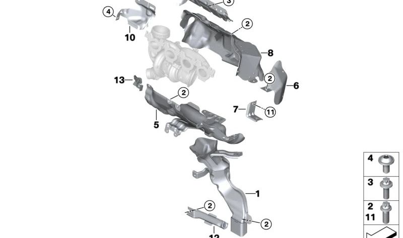 Protetor térmico do coletor de escape OEM 11658697971 para BMW F40, F44, F45, F46, F48, F39, F55, F56, F57, F54, F60. BMW original.