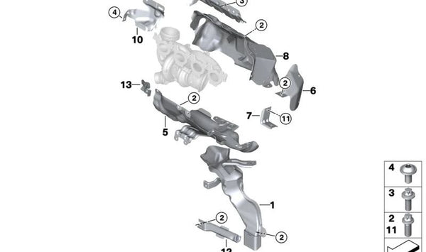 Protector térmico del colector de escape OEM 11658697971 para BMW F40, F44, F45, F46, F48, F39, F55, F56, F57, F54, F60. Original BMW.