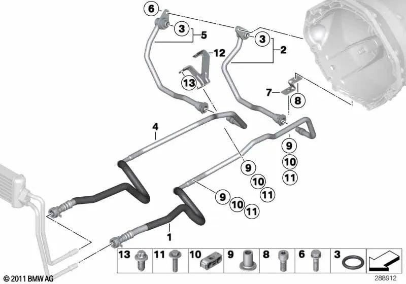 Tubería de enfriador de aceite de avance para BMW F10, F06, F12, F13 (OEM 17227599921). Original BMW.