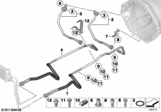 Tubería de retorno del enfriador de aceite para BMW F10, F06, F12, F13 (OEM 17227599922). Original BMW.