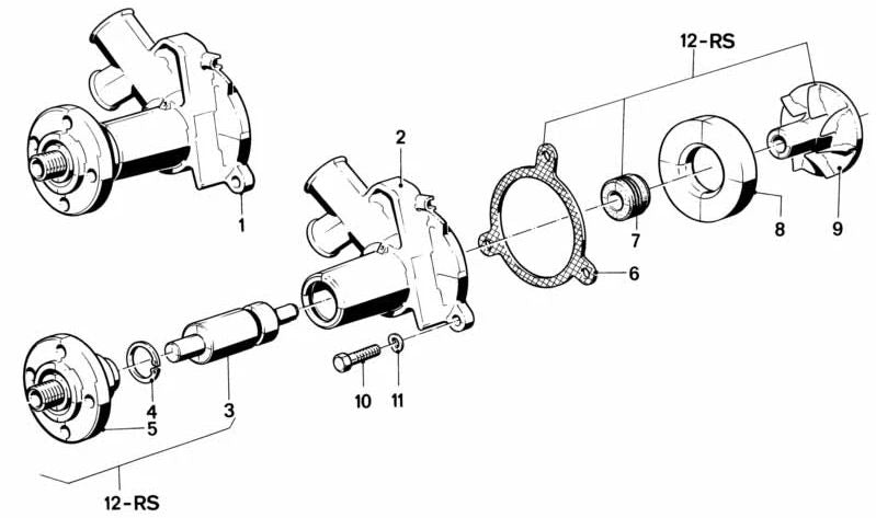 Water pump for BMW E30, E28, E34 (OEM 11519070758). Genuine BMW