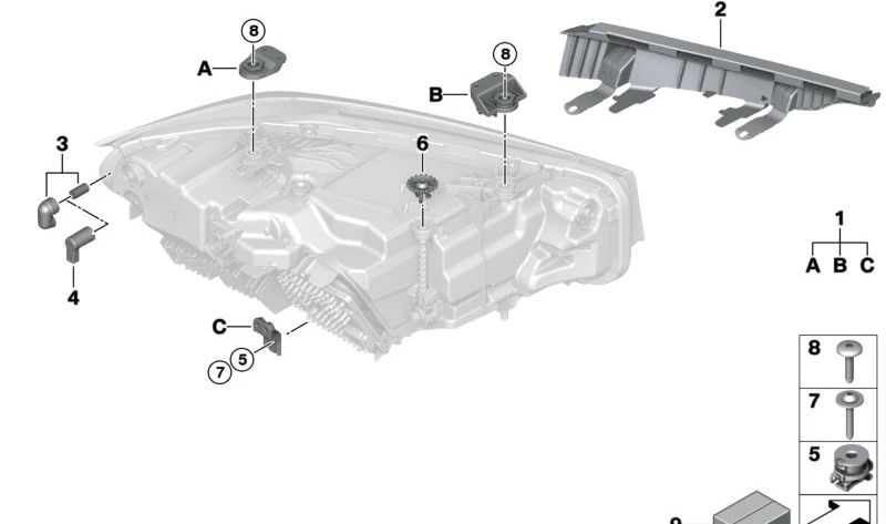 Tulipa/difusor derecho faro OEM 63115A637B2 para BMW Serie 3 y Serie 4 (G20, G21, G28, G80, G22, G23, G26, G82, G83). Original BMW.