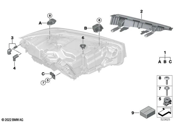 Soporte faro izquierdo para BMW G20N, G21N, G28N (OEM 63115A4F767). Original BMW.