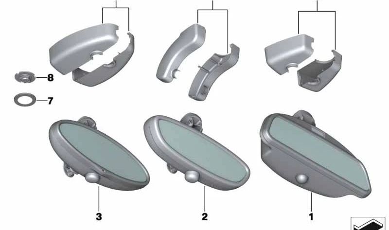 Espejo retrovisor interior con funciones LED, sensor automático (EC) y control remoto (GTO) OEM 51169123513 para BMW E46, E85. Original BMW