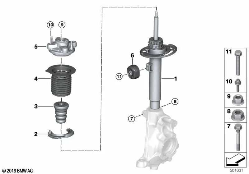 Right front shock absorber for BMW 3 Series G21, G21N (OEM 31316894072). Genuine BMW