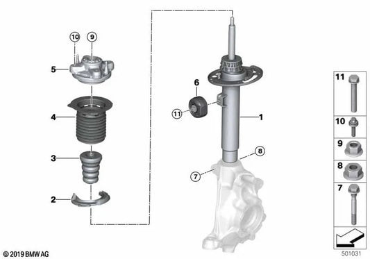 Right front shock absorber for BMW 3 Series G21, G21N (OEM 31316894072). Genuine BMW