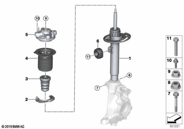 Amortiguador delantero derecho para BMW Serie 3 G21, G21N (OEM 31316894072). Original BMW