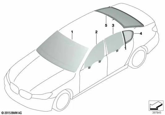 Cristal lateral verde puerta trasera izquierda para BMW Serie 7 G12, G12N (OEM 51357337985). Original BMW.