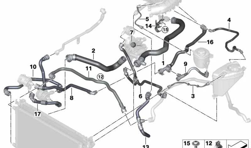 Manguera de refrigerante OEM 17128602619 para BMW G30, G31, G11, G12. Original BMW.