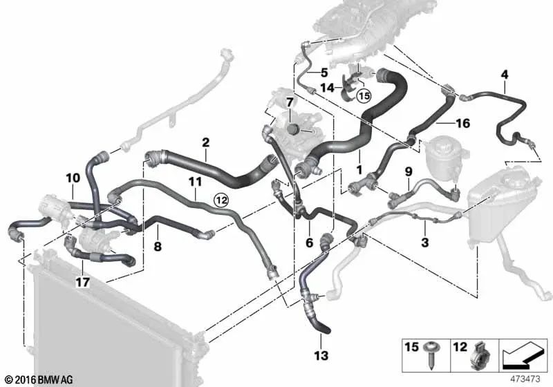 Tubo para bomba de refrigerante eléctrica para BMW Serie 5 G30, G38, Serie 7 G11, G12 (OEM 17128602861). Original BMW.