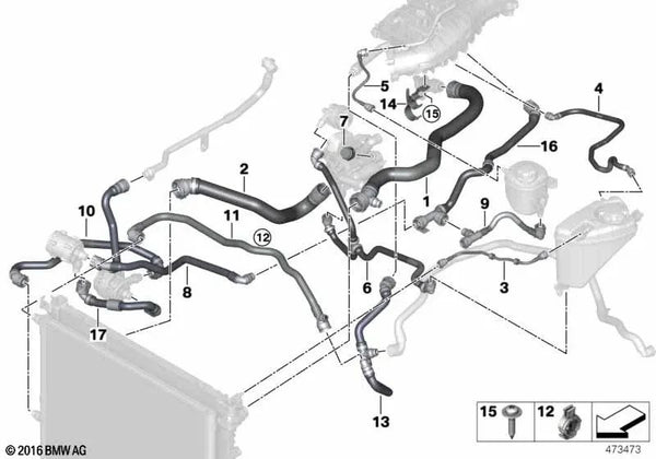 Tubo para bomba de refrigerante eléctrica para BMW Serie 5 G30, G38, Serie 7 G11, G12 (OEM 17128602861). Original BMW.