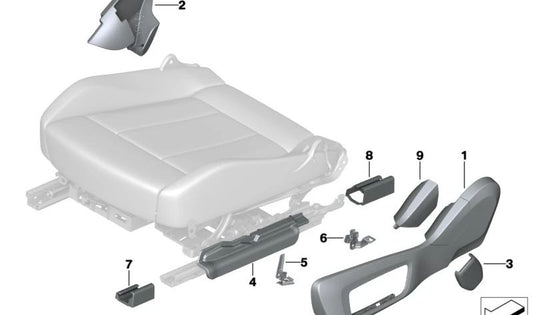 Cubierta embellecedora asiento exterior izquierda para BMW G14, G15, G16 (OEM 52107493657). Original BMW