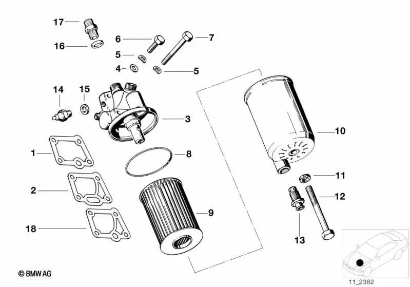 Oil filter head for BMW 5 Series E28, 6 Series E24, 7 Series E23 (OEM 11421716592). Original BMW.