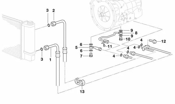 Conexión atornillada de la tubería del radiador de aceite para BMW E34 (OEM 17221723216). Original BMW.