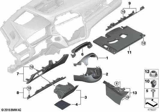 Revestimiento del área para los pies del pasajero delantero superior para BMW F48, F48N, F49, F49N, F39 (OEM 51459350284). Original BMW.