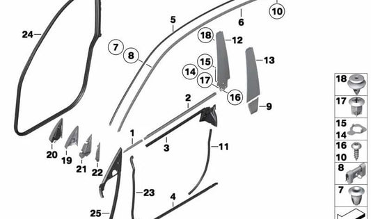 Embellecedor columna B exterior izquierda para BMW Serie 5 F07, F07N (OEM 51337453321). Original BMW