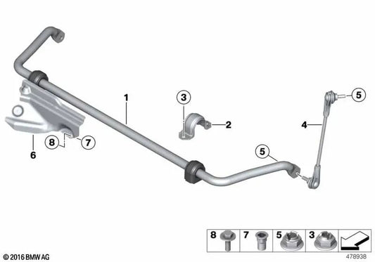 Estabilizador con cojinete de goma delantero para BMW F20, F21, F22, F23, F31N, F34, F32N, F33, F36 (OEM 31356792120). Original BMW