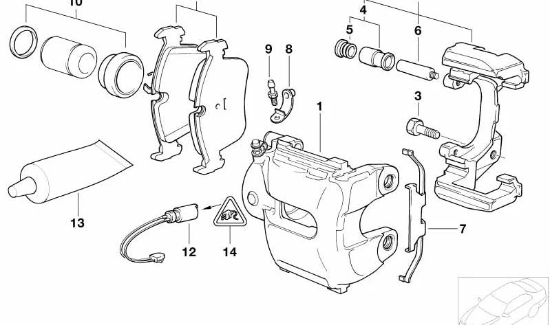 Juego de Juntas para Pinza de Freno para BMW E81, E82, E87, E88, Serie 3 E90, E92, E93, F30, F35, Serie 5 E60, E61, Serie 6 E63, E64, Serie 7 E65, E66, X1 E84, X5 E70, F15, X6 E71, F16 (OEM 34116763995). Original BMW