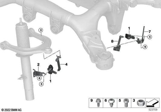 Soporte sensor de nivel trasero izquierdo para BMW X5 F95, G05, G18, X6 F96, G06, X7 G07, XM G09 (OEM 37146887833). Original BMW