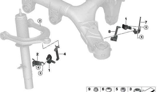 Soporte del sensor de nivelación delantero izquierdo para BMW X5 F95, G05, G18, X6 F96, G06, X7 G07, XM G09 (OEM 37146879039). Original BMW