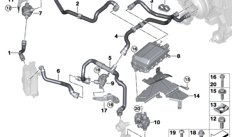 Manguera de retorno de refrigerante OEM 64218833639 para BMW i20, i30. Original BMW.