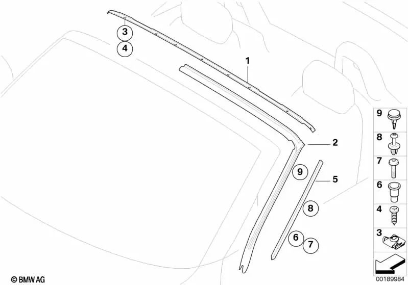 Right A-pillar deflector for BMW Z4 E85 (OEM 51717127258). Genuine BMW