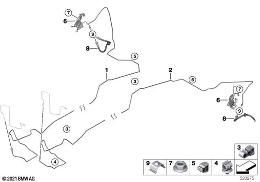 Soporte de la manguera de freno trasera izquierda para BMW E46, F30, F80, (OEM 34306895682). Original BMW.