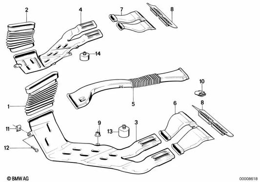 Conducto de calefacción del área trasera izquierda para BMW E34, E32 (OEM 64221908671). Original BMW.