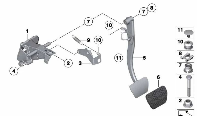 Pedalbaugruppenunterstützung für BMW 3er E46, X3 E83, E83N, Z4 E85, E86, E89 (OEM 35112229128). Original BMW.