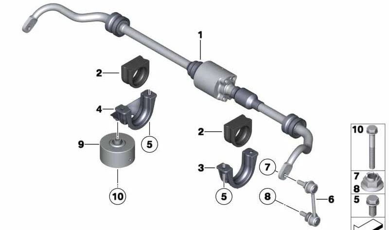 Right Stabilizer Mount for BMW 5 Series F07, F10, F11, 6 Series F06, F12, F13, 7 Series F01, F02 (OEM 37106869957). Original BMW