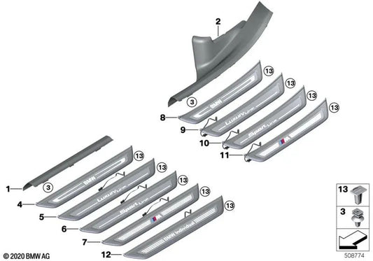 Revestimiento de entrada iluminado trasero izquierdo para BMW Serie 6 G32, G32N (OEM 51477407023). Original BMW