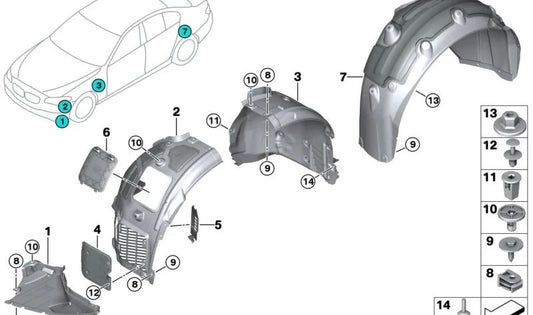 Capa de arco de roda dianteira traseira esquerda para BMW Série 6 G32, G32N (OEM 51717374741). BMW original