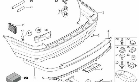 Rear bumper housing primed for BMW E46 (OEM 51127012771). Original BMW