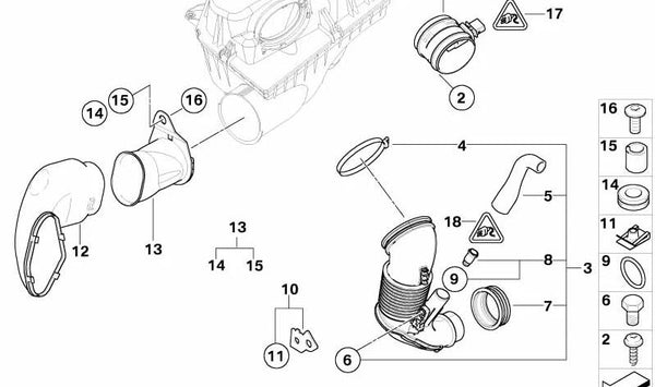 Tubo de admisión de aire OEM 13717796370 para BMW E90, E91, E92, E60, E61, E63, E64. Original BMW.