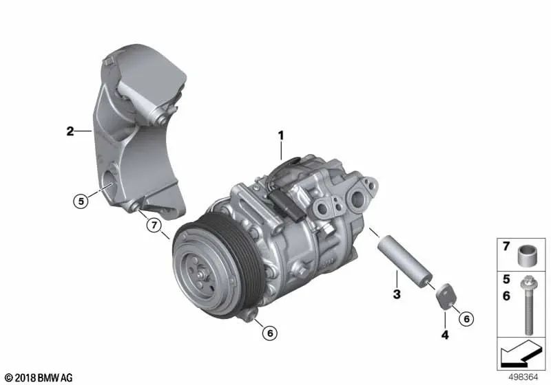 Soporte del compresor del aire acondicionado para BMW F90, G30, G31N Serie 7 G11, G12, G70, Serie 8 F91, G14, X5 F95, G05, X6 F96, G06, X7 G07 (OEM 64557646904). Original BMW