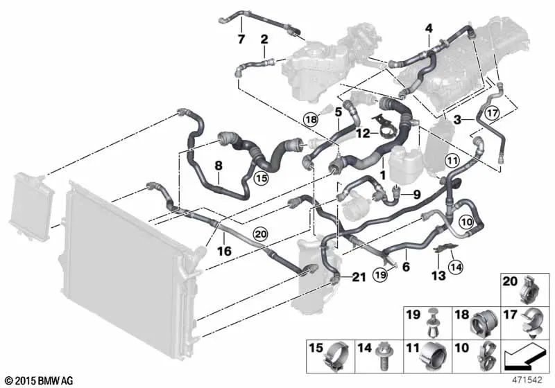 Manguera del radiador de refrigerante para BMW Serie 1 F20N, F21N Serie 2 F22, F22N, F23, F23N Serie 3 F30N, F31N, F34N, F35N Serie 4 F32, F32N, F33, F33N, F36, F36N (OEM 17128616559). Original BMW.