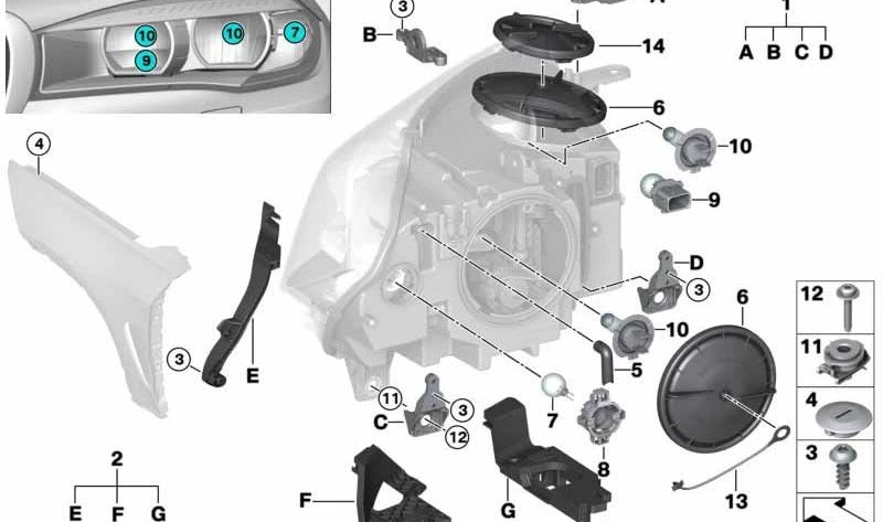 Juego de soporte de faro izquierdo para BMW X5 F15, F85, X6 F16, F86 (OEM 63117395523). Original BMW