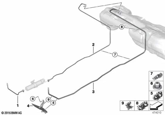 Tubería de suministro de combustible delantera para BMW F20N, F21N, F22, F23, F30, F31, F34, F32, F33, F36 (OEM 16127336281). Original BMW