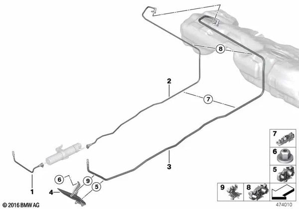 Conducto de retorno de combustible para BMW Serie 3 F30, F30N, F31, F31N, Serie 4 F32, F33, F36, F36N (OEM 16127336280). Original BMW