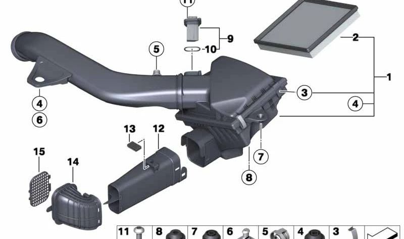 Amortiguador de ruido de admisión para BMW Serie 1 F20, F21, Serie 2 F22, F23, Serie 3 F30, F31, F34, Serie 4 F32, F33, F36 (OEM 13718616013). Original BMW