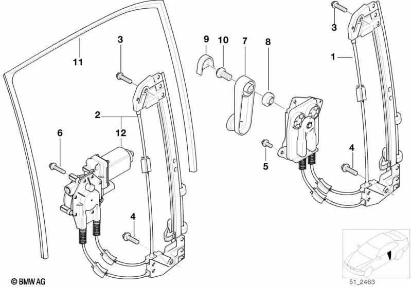 Guida alla finestra posteriore sinistra per BMW E39 (OEM 51348193117). BMW originale