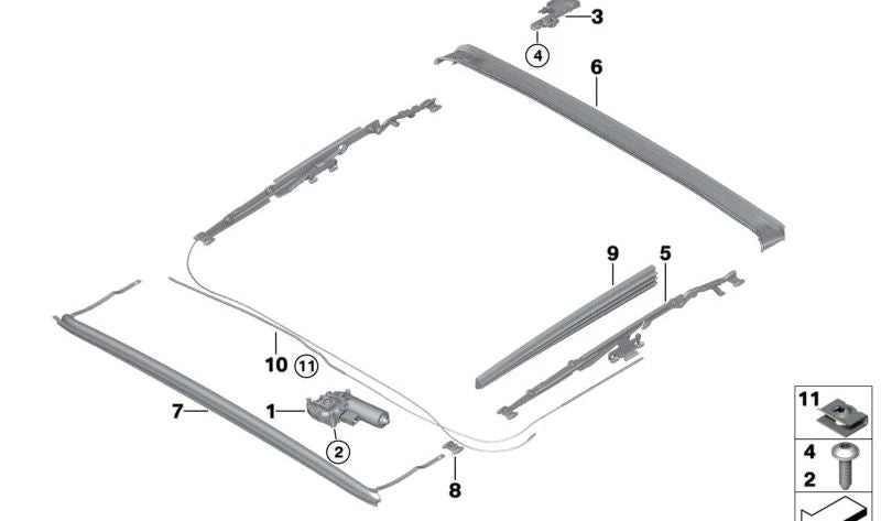 Mecánica Techo Panorámico para BMW Serie 3 G21, G21N, G28, G80, Serie 4 G22, G26, G82, Serie 5 G60 (OEM 54107011157). Original BMW