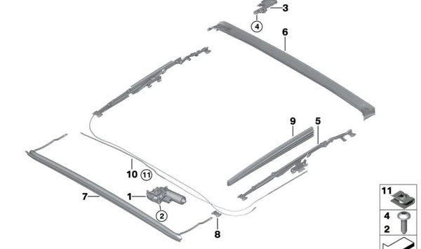 Mecánica Techo Panorámico para BMW Serie 3 G21, G21N, G28, G80, Serie 4 G22, G26, G82, Serie 5 G60 (OEM 54107011157). Original BMW