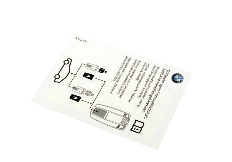 Cartel de Advertencia Key Memory para BMW Serie 1 E81, E82, E87, E88, Serie 3 E90, E91, E92, E93, Serie 5 E34, E39, E60, E61, F07, Serie 6 E63, E64, X1 E84, X3 E83, X5 E53, E70, X6 E71, Z4 E85, E89, Z8 E52 (OEM 71239178687). Original BMW