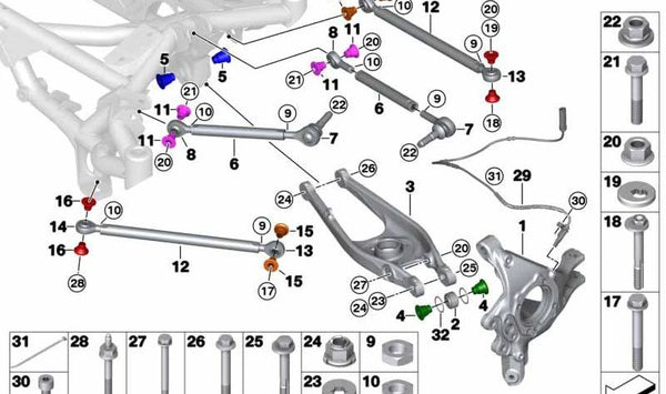 Soporte de rueda trasero derecho para BMW Serie 3 E46, E90, Serie 5 E39, E60, E61 (OEM 33408431236). Original BMW