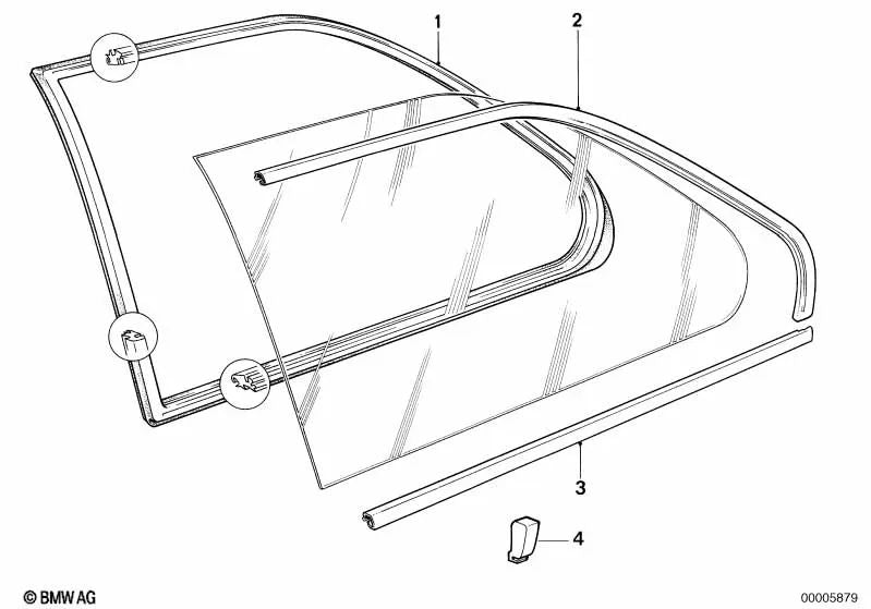 Sellado de la ventana trasera derecha para BMW E30 (OEM 51361888326). Original BMW.