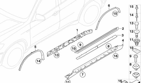 Soporte de umbral izquierdo OEM 51777184421 para BMW E71, E72. Original BMW.