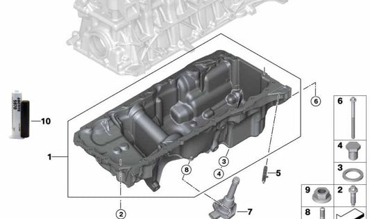 Oil pan for BMW 3 Series G20N, G21N, G80, G81, 4 Series G26, G82, G83, X3 F97N, X4 F98N (OEM 11139505021). Genuine BMW.