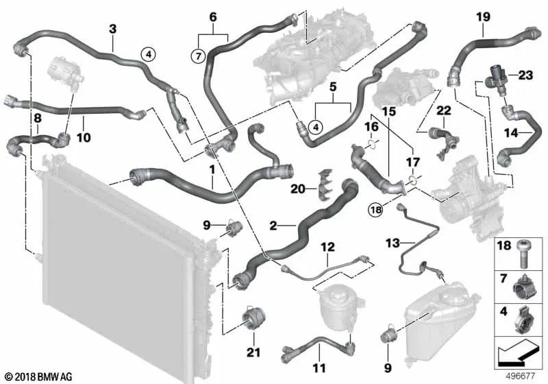 Línea de refrigerante de avance para BMW G30, G31, G32, G11N, G12N (OEM 17128678496). Original BMW.