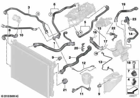 Tubo del depósito de compensación-cabeza del cilindro para BMW G30, G31, G38N Serie 6 G32 Serie 7 G11N, G12N Serie 8 G14, G15, G16 (OEM 17128678509). Original BMW.